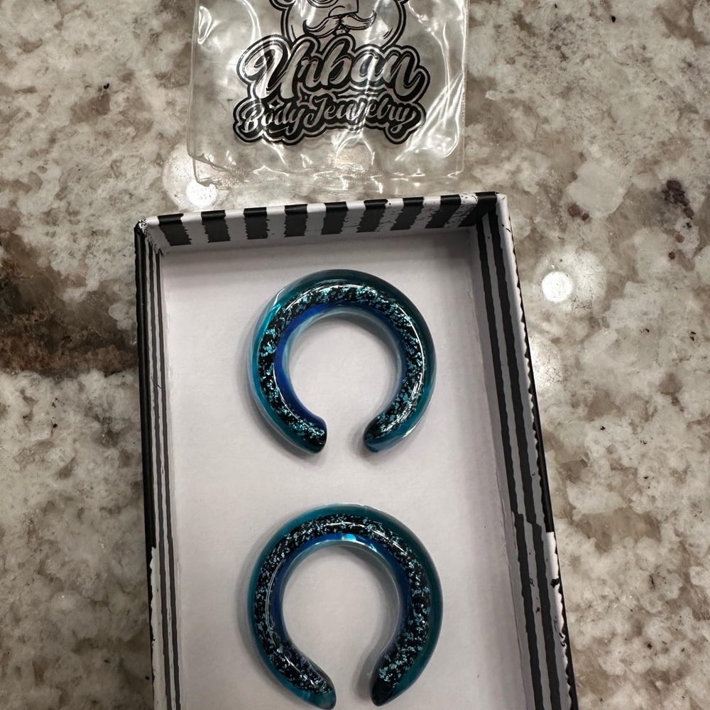 Blue Glitter Glass Horseshoe Plugs Hoops 0g